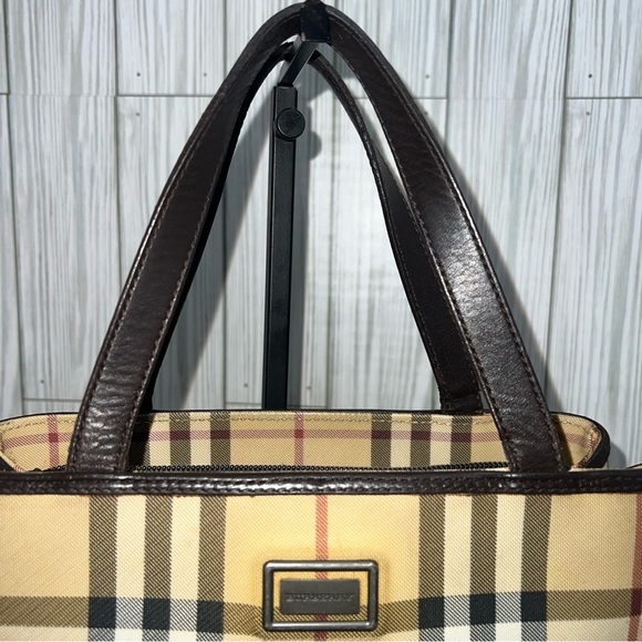 Burberry Vintage Nova Check Tote Bag Brown Leather Trim Plaid Shoulder Handbag - Picture 3 of 13
